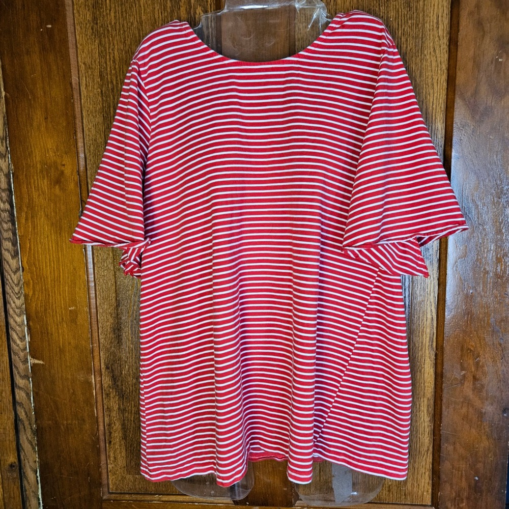 Suzanne Betro Top Womens Medium Red White Striped Flutter Sleeve Tie Back Blouse